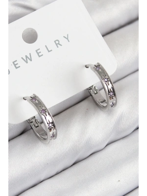 ® Pirinç Zirkon Taşlı Halka Model Gümüş Renk Kadın Küpe