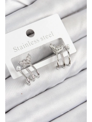 ® Pirinç Zirkon Taşlı İnci Detaylı Balık Kuyruğu Model Gümüş Renk Kadın Küpe