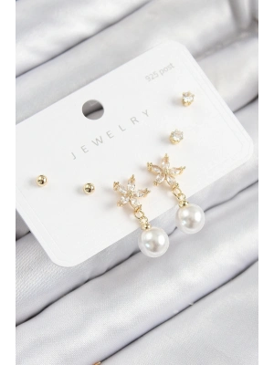 ® Pirinç Zirkon Taşlı İnci Sallantılı Çiçek Model Gümüş Renk 925 Ayar Gümüş Çivi Kadın Küpe Set