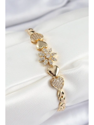 ® Pirinç Zirkon Taşlı Kalp Detaylı Çiçek Model Gold Renk Kadın Bileklik