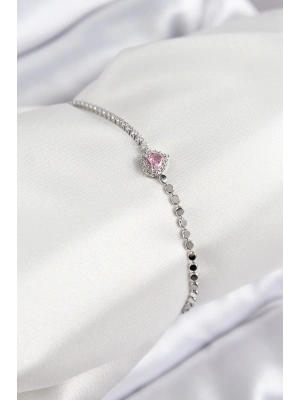 ® Pirinç Zirkon Taşlı Kalp Model Ezme Zincir Gümüş Renk Kadın Bileklik