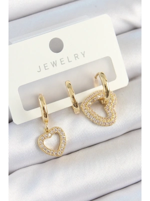 ® Pirinç Zirkon Taşlı Kalp Model Gold Renk 3lü Çift Kadın Küpe Set