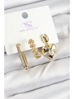 ® Pirinç Zİrkon Taşlı Kalp Model Gold Renk 3lü Kadın Küpe