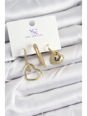 ® Pirinç Zİrkon Taşlı Kalp Model Gold Renk 3lü Kadın Küpe