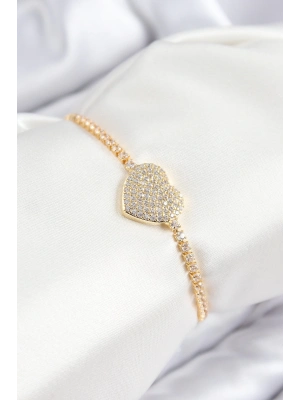 ® Pirinç Zirkon Taşlı Kalp Model Gold Renk Asansörlü Kadın Bileklik