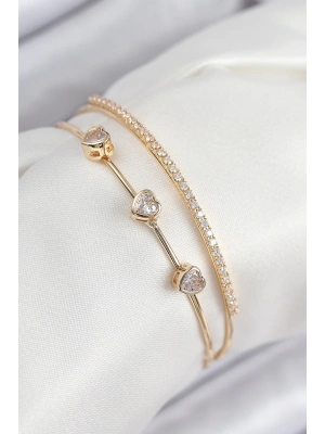 ® Pirinç Zirkon Taşlı Kalp Model Gold Renk Kadın Bileklik