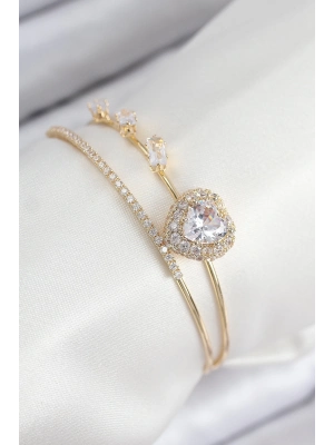® Pirinç Zirkon Taşlı Kalp Model Gold Renk Kadın Bileklik