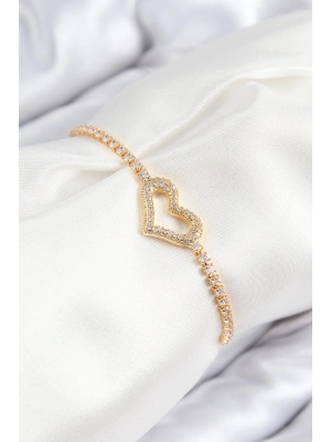 ® Pirinç Zirkon Taşlı Kalp Model Gold Renk Asansörlü Kadın Bileklik