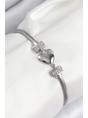 ® Pirinç Zirkon Taşlı Kalp Model Gümüş Renk Kadın Bileklik