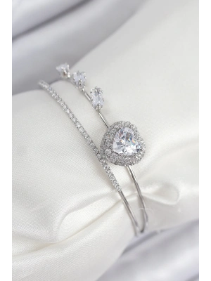 ® Pirinç Zirkon Taşlı Kalp Model Gümüş Renk Kadın Bileklik