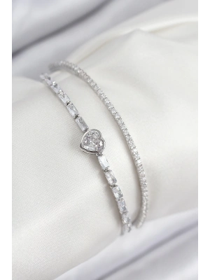 ® Pirinç Zirkon Taşlı Kalp Model Gümüş Renk Kadın Bileklik