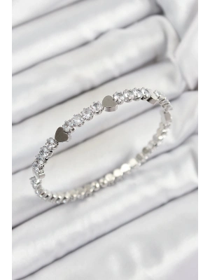 ® Pirinç Zirkon Taşlı Kalp Model Gümüş Renk Yaylı Kadın Bileklik