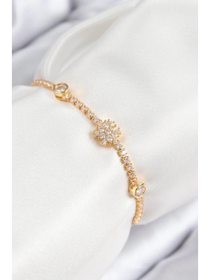 ® Pirinç Zirkon Taşlı Kar Tanesi Model Gold Renk Asansörlü Kadın Bileklik