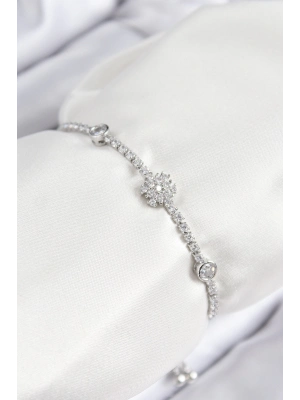 ® Pirinç Zirkon Taşlı Kar Tanesi Model Gümüş Renk Asansörlü Kadın Bileklik