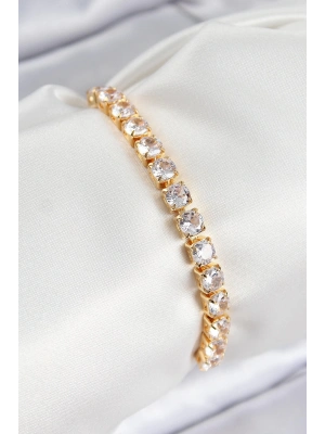 ® Pirinç Zirkon Taşlı Kare Model Gold Renk Asansörlü Kadın Bileklik