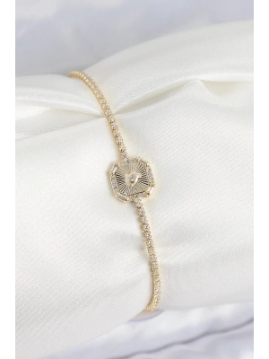 ® Pirinç Zirkon Taşlı Kare Model Gold Renk Kadın Bilekilk