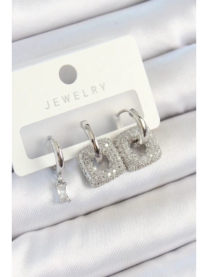 ® Pirinç Zirkon Taşlı Kare Model Gümüş Renk 3lü Çift Kadın Küpe Set