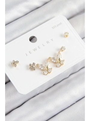 ® Pirinç Zirkon Taşlı Kelebek Model Gold Renk 925 Ayar Gümüş Çivi Kadın Küpe Set