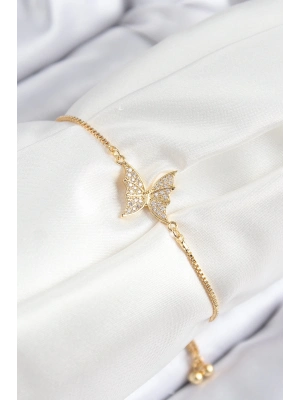 ® Pirinç Zirkon Taşlı Kelebek Model Gold Renk Asansörlü Kadın Bileklik
