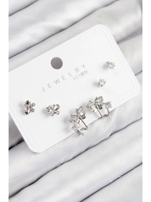 ® Pirinç Zirkon Taşlı Kelebek Model Gümüş Renk 925 Ayar Gümüş Çivi Kadın Küpe Set