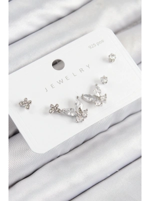 ® Pirinç Zirkon Taşlı Kelebek Model Gümüş Renk 925 Ayar Gümüş Çivi Kadın Küpe Set