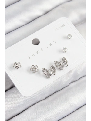 ® Pirinç Zirkon Taşlı Kelebek Model Gümüş Renk 925 Ayar Gümüş Çivi Kadın Küpe Set
