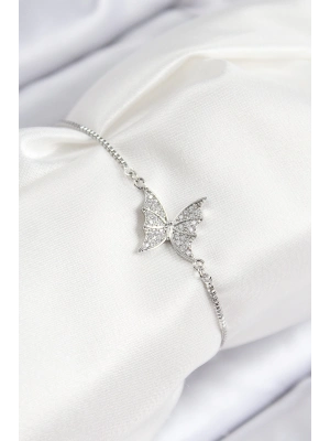® Pirinç Zirkon Taşlı Kelebek Model Gümüş Renk Asansörlü Kadın Bileklik