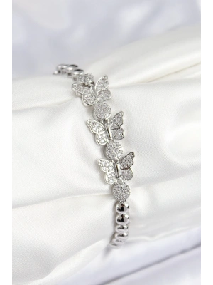 ® Pirinç Zirkon Taşlı Kelebek Model Gümüş Renk Kadın Bileklik
