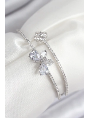 ® Pirinç Zirkon Taşlı Kelebek Ve Yonca Model Gümüş Renk Kadın Bileklik