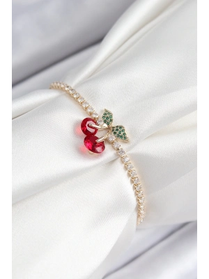 ® Pirinç Zirkon Taşlı Kiraz Model Gold Renk Asansörlü Kadın Bileklik