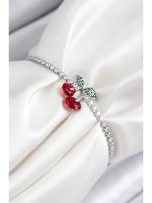 ® Pirinç Zirkon Taşlı Kiraz Model Gümüş Renk Asansörlü Kadın Bileklik