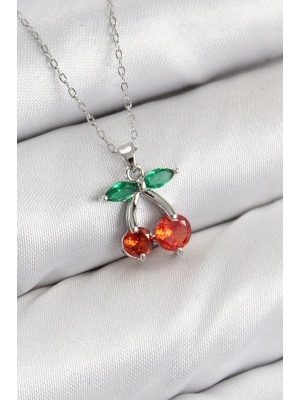 ® Pirinç Zirkon Taşlı Kiraz Model Gümüş Renk Kadın Kolye