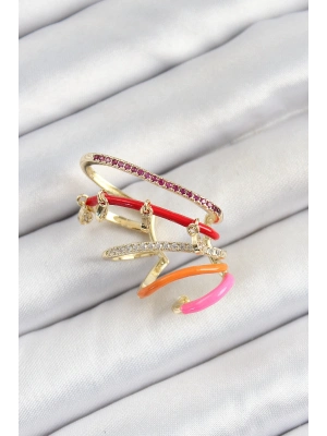 ® Pirinç Zirkon Taşlı Kırmızı Turuncu Pembe Sıkıştırma Sağ Kıkırdak Gold Renk Kadın Küpe