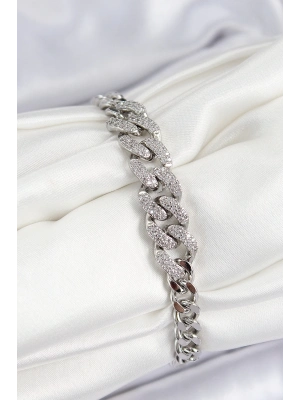 ® Pirinç Zirkon Taşlı Küba Zincir Model Gümüş Renk Kadın Bileklik