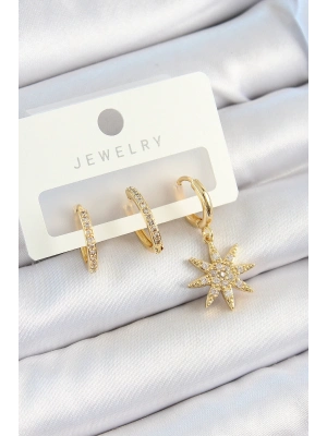 ® Pirinç Zirkon Taşlı Kutup Yıldızı Model Gold Renk 3lü Çift Kadın Küpe Set