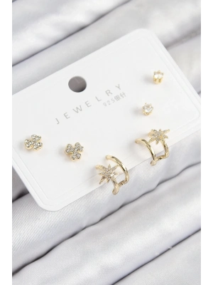 ® Pirinç Zirkon Taşlı Kutup Yıldızı Model Gold Renk 925 Ayar Gümüş Çivi Kadın Küpe Set