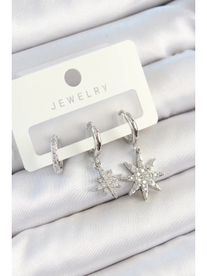 ® Pirinç Zirkon Taşlı Kutup Yıldızı Model Gümüş Renk 3lü Çift Kadın Küpe Set