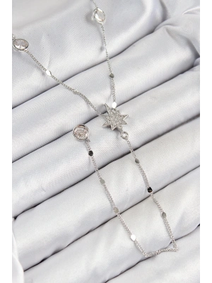 ® Pirinç Zirkon Taşlı Kutup Yıldızı Model Gümüş Renk Y Kolye