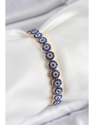 ® Pirinç Zirkon Taşlı Lacivert Nazar Model Gold Renk Lastikli Kadın Bileklik