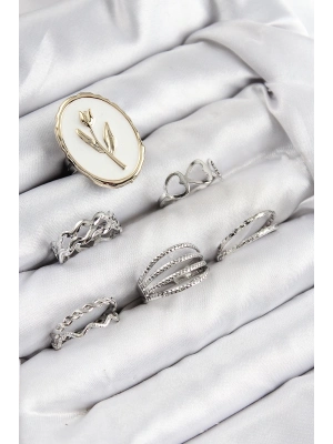 ® Pirinç Zirkon Taşlı Lale Model Gümüş Renk Kadın Yüzük Kombin Set