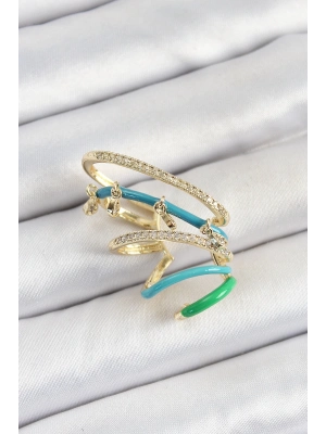 ® Pirinç Zirkon Taşlı Mavi Yeşil Sıkıştırma Sağ Kıkırdak Gold Renk Kadın Küpe