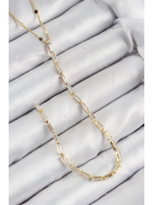 ® Pirinç Zirkon Taşlı Model Gold Renk Y Kolye
