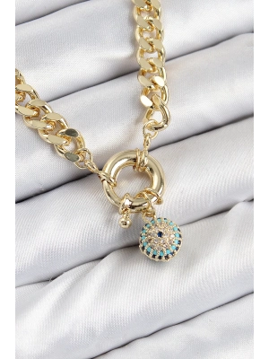 ® Pirinç Zirkon Taşlı Nazar Boncuk Detaylı Klasik Zincir Model Gold Renk Kadın Kolye