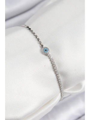 ® Pirinç Zirkon Taşlı Nazar Model Ezme Zincir Gümüş Renk Kadın Bileklik