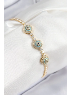 ® Pirinç Zirkon Taşlı Nazar Model Gold Renk Kadın Bileklik