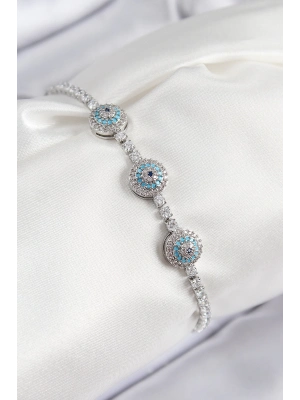 ® Pirinç Zirkon Taşlı Nazar Model Gümüş Renk Kadın Bileklik