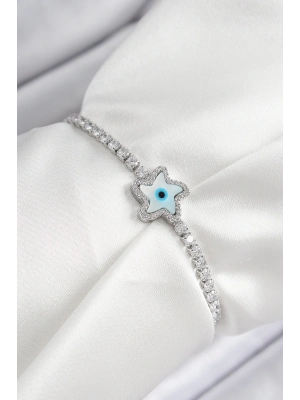 ® Pirinç Zirkon Taşlı Nazar Yıldız Model Gümüş Renk Asansörlü Kadın Bileklik