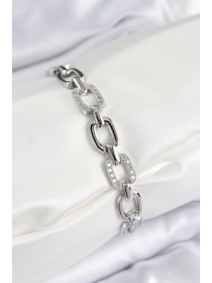 ® Pirinç Zirkon Taşlı Parçalı Zincir Model Gümüş Renk Kadın Bileklik