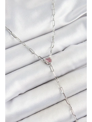 ® Pirinç Zirkon Taşlı Pembe Kalp Figürlü Y Model Gümüş Renk Kadın Kolye