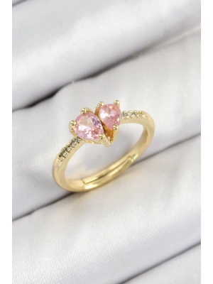 ® Pirinç Zirkon Taşlı Pembe Kalp Model Gold Renk Kadın Yüzük